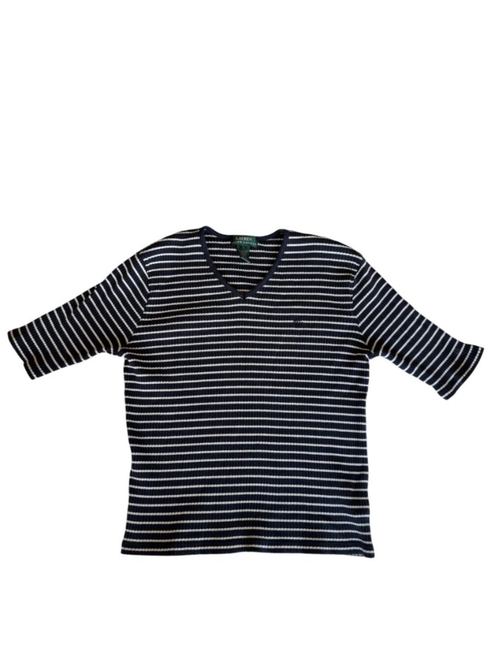 Lauren Ralph Lauren Stripped Ribbed Thick Cotton Top Elbow Sleeve V Neck Fitted